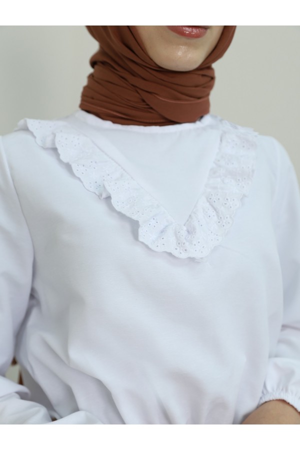 Güpürlü Beli Büzgülü Poplin Bluz -Beyaz
