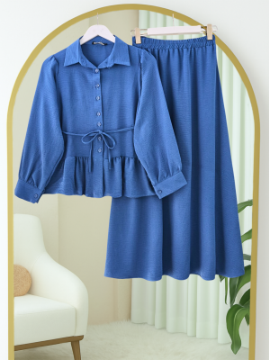 Parçalı Büzgülü Bluz Etekli Takım -İndigo