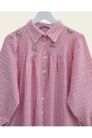Striped Shirt with Stone and Bead Detail on Top -Pink