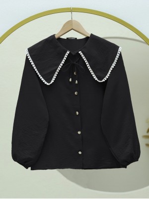 Bebe Yaka Dantelli Kolu Lastikli Gömlek -Siyah