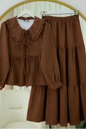 Lace-up suit with layered skirt detail -Brown