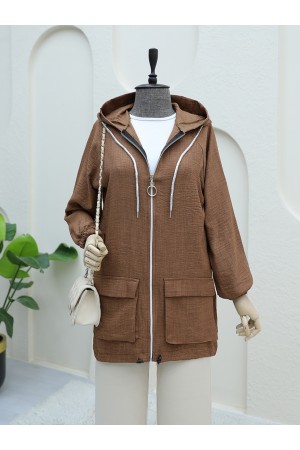 Torba Cepli Eteği Lastikli Fermuarlı Keten Kap -Toprak