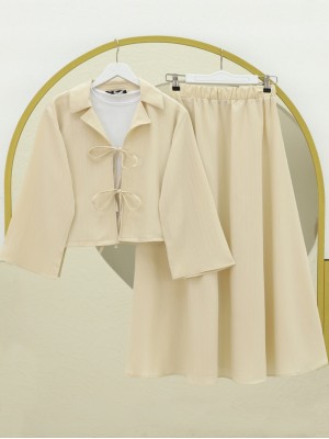 Önü Bağlamalı Etekli Krinkıl Takım  -Bej