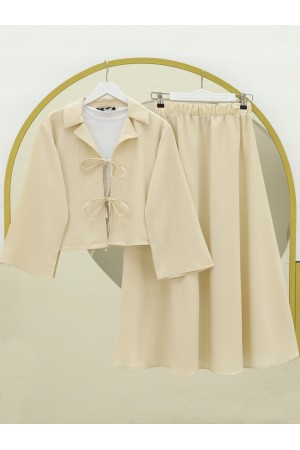 Front Tie Skirted Crinkle Suit - Beige