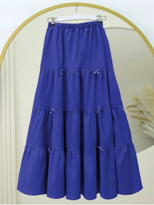 Kurdele Detaylı Parçalı Beli Lastikli Etek -Saks