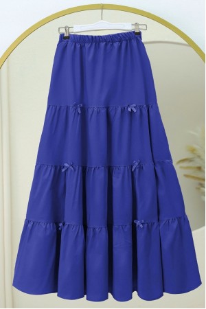 Kurdele Detaylı Parçalı Beli Lastikli Etek -Saks