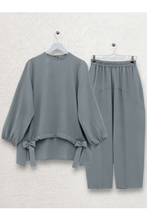 Önden Büzmeli Şalvar Pantolon Ayrobin Salaş Takım -Gri