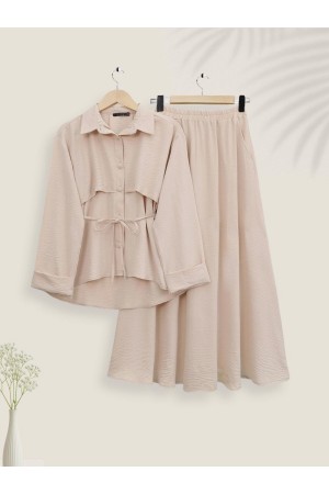 Top Düğmeli Kemerli Etekli Ayrobin Takım -Bej
