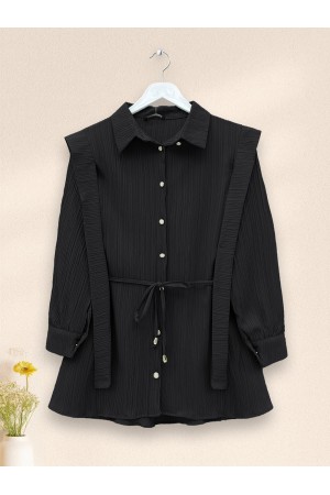 Pearl Buttoned Shoulder and Waist Tied Crinkle Shirt -Black