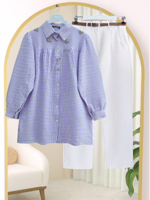 Üstü Taş Ve Boncuk Detaylı Çizgili Gömlek -Lila