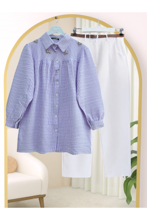 Üstü Taş Ve Boncuk Detaylı Çizgili Gömlek -Lila