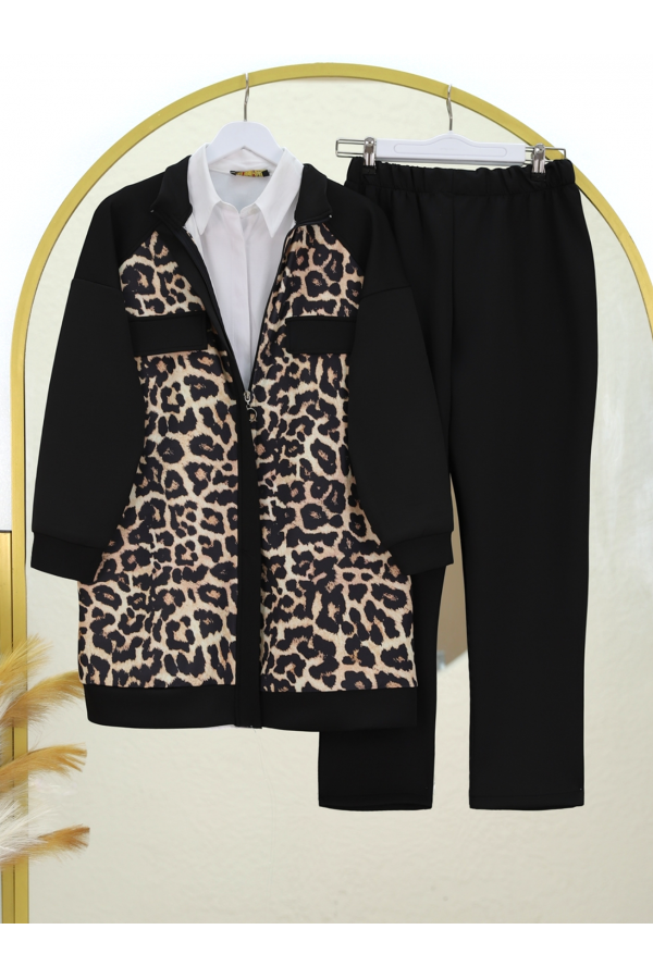 Leopar Desenli Cep Detaylı Fermuarlı Takım  -Siyah