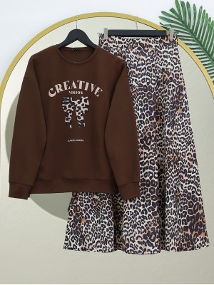 Round Neck Bow Printed Leopard Skirt Suit -Brown