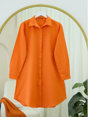 Gizli Düğmeli Oval Kesim Uzun Gömlek -Turuncu