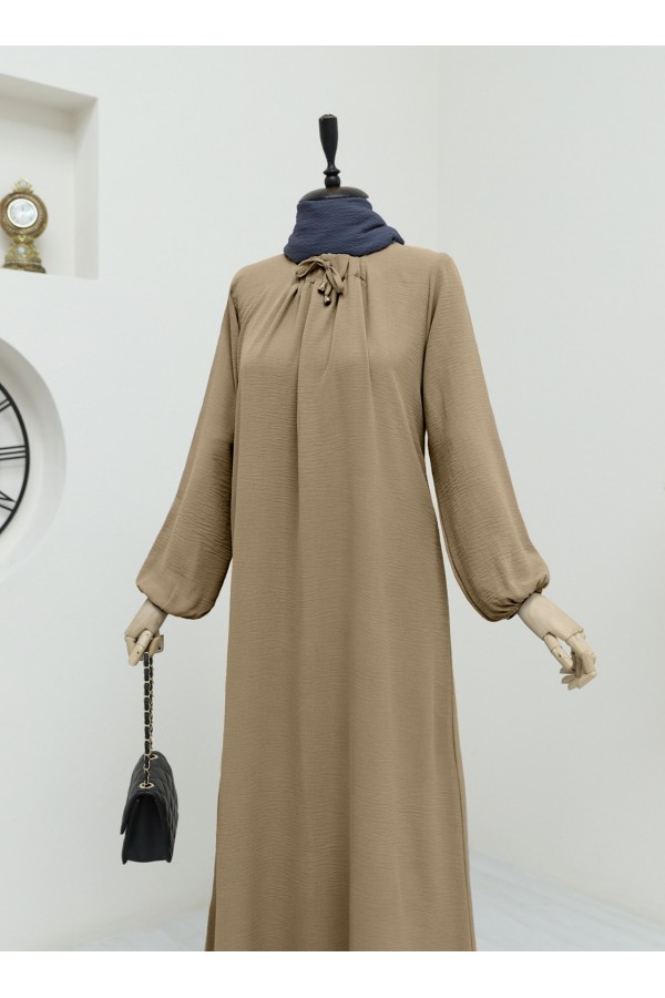Gathered Collar Balloon Sleeve Ayrobin Dress -Mink color