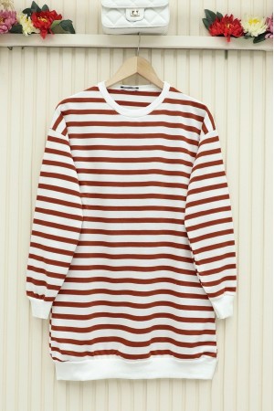 Yan Çizgili Bisiklet Yaka Sweat   -Taba