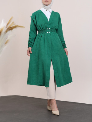 Kolu ve Beli Lastikli Çıtçıtlı Keten Kap -Yeşil