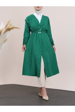 Kolu ve Beli Lastikli Çıtçıtlı Keten Kap -Yeşil