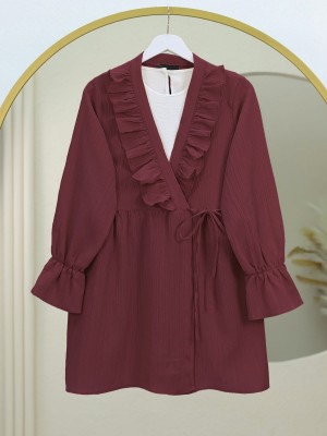 Crinkle Kimono with Ruffle Front Tie -Maroon