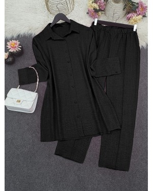 Top Düğme Gömlek Pantolonlu Takım   -Siyah