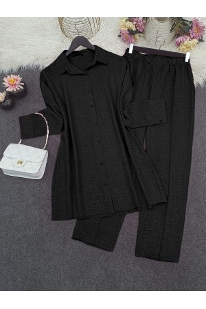 Top Düğme Gömlek Pantolonlu Takım   -Siyah