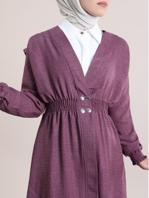 Kolu ve Beli Lastikli Çıtçıtlı Keten Kap -Mürdüm