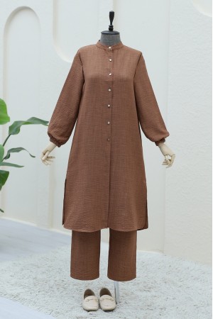 Metal Düğmeli Kolu Lastikli Pantolonlu  Takım  -Kahve