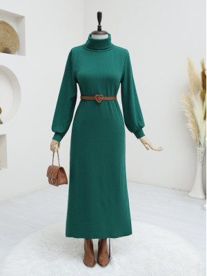 Turtleneck Corduroy Dress -Emerald