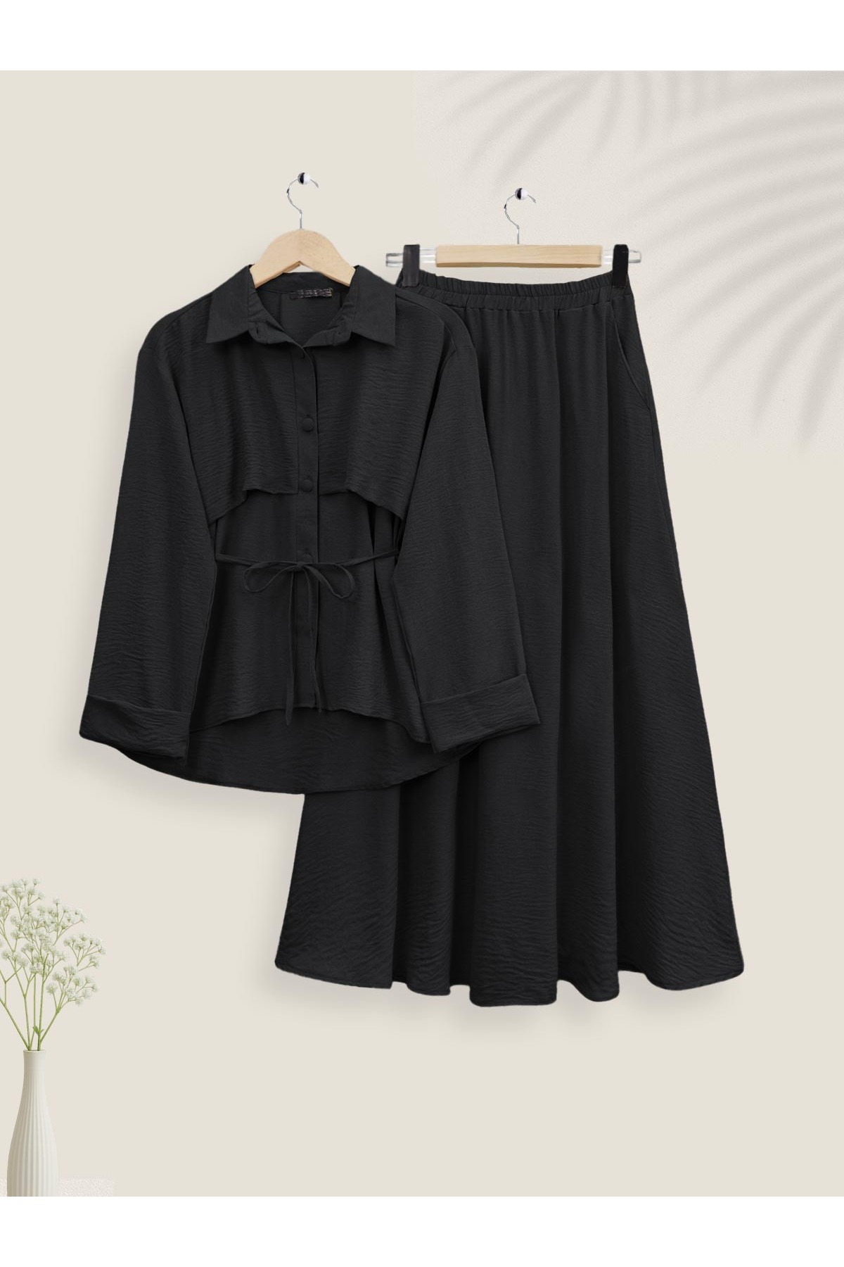 Ayrobin Suit with Top Button Belt and Skirt -Black