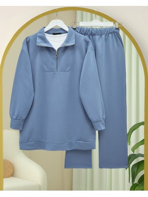 Yarım Fermuarlı Boğazlı Penye Takım -İndigo