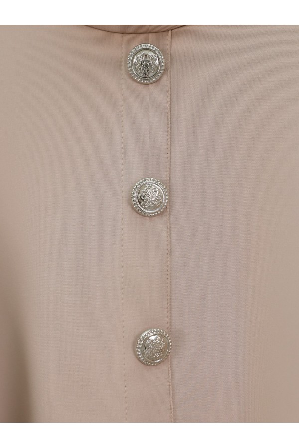 Button Detailed Stand Collar Ruffle Shoulder Scuba Suit - Beige