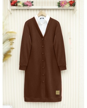 Corduroy Fabric Buttoned Long Cardigan -Brown