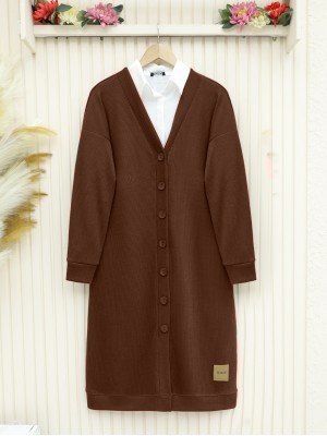 Fitilli Burgu Kumaş Düğmeli Uzun Hırka -Kahve