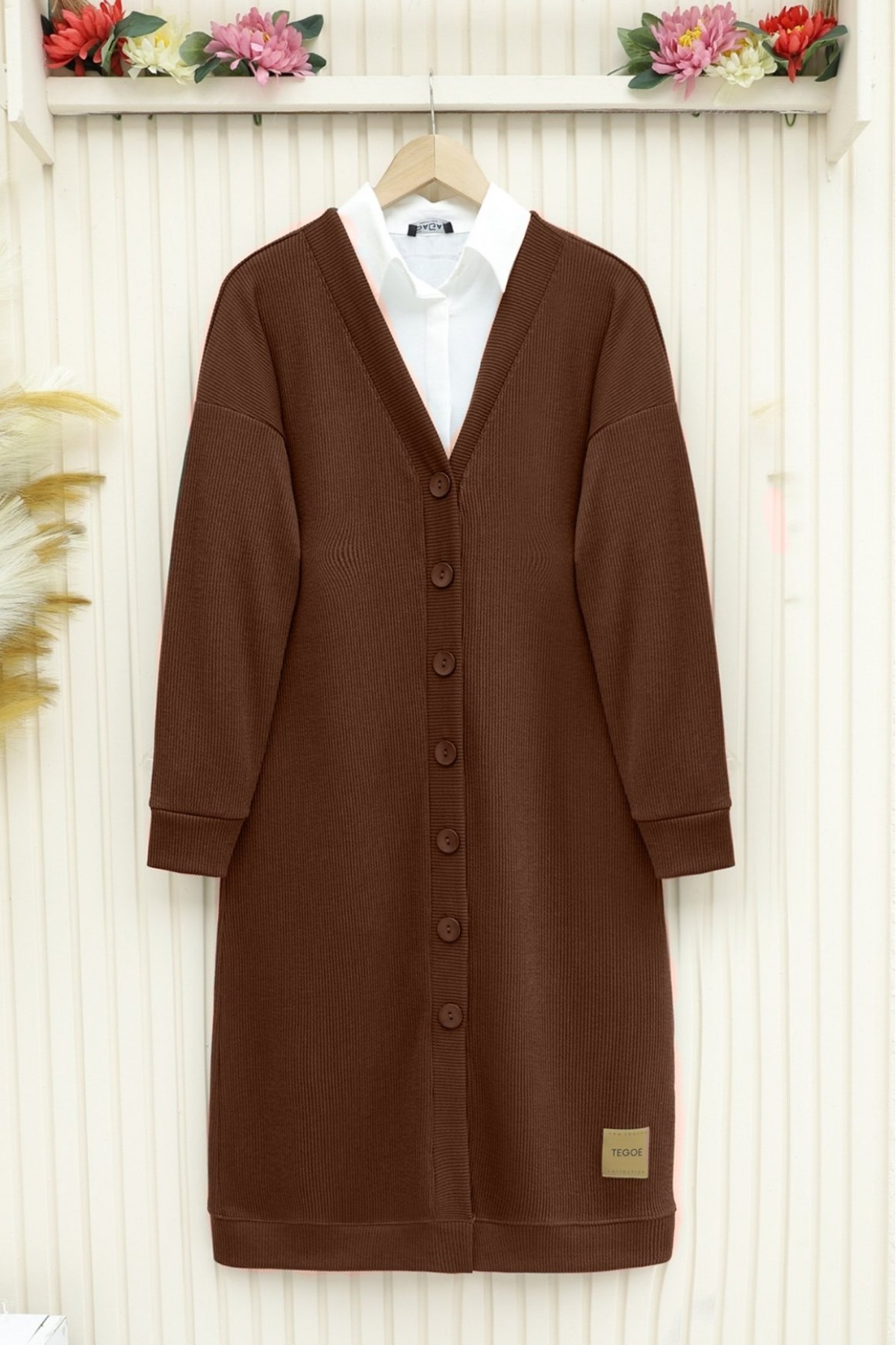 Corduroy Fabric Buttoned Long Cardigan -Brown