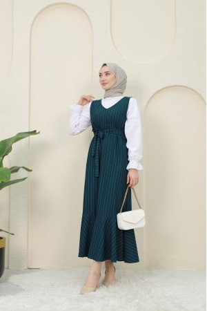 Çizgili Beli Kuşaklı Gömlek Jile Takım -Zümrüt