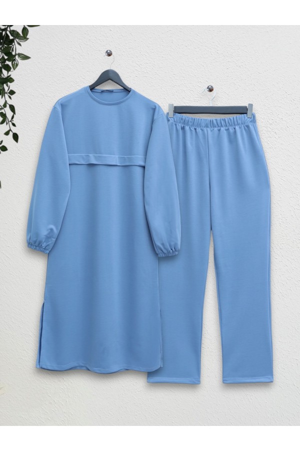 Round Neck Top Long Two Thread Combed Cotton Suit -Baby Blue