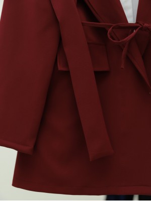 Cep Detaylı Beli Bağlamalı Ceket -Bordo