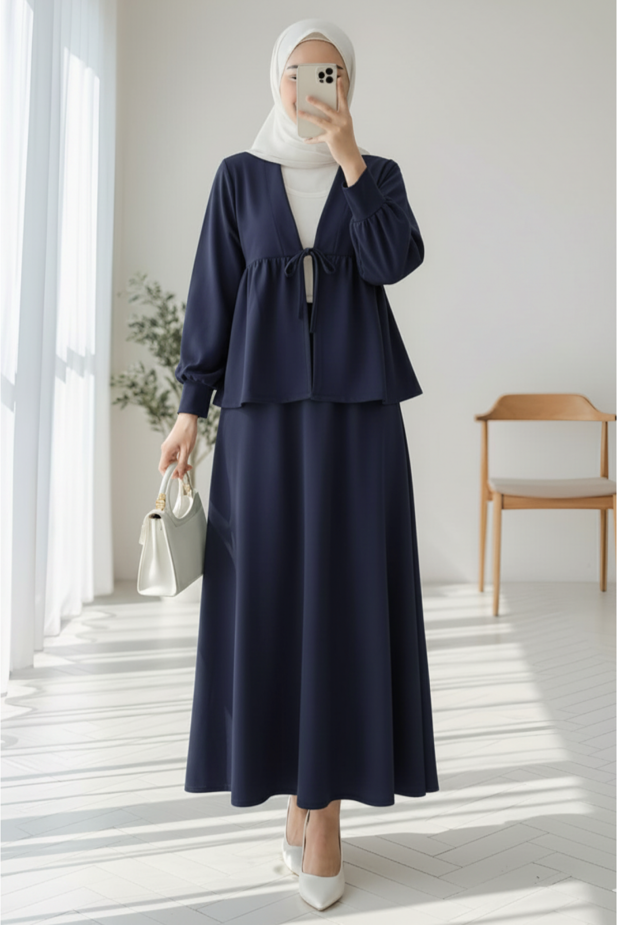 Oysho Suit with Tied Waist Skirt -Navy blue