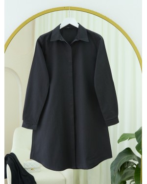 Oval Cut Long Shirt with Hidden Buttons -Black