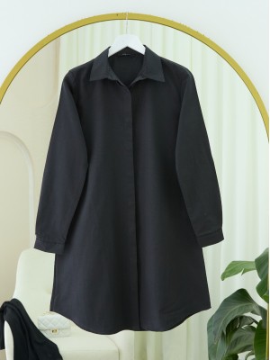 Gizli Düğmeli Oval Kesim Uzun Gömlek -Siyah