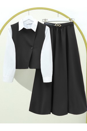 Çapraz Düğmeli Yelek Etek İkili Takım -Siyah