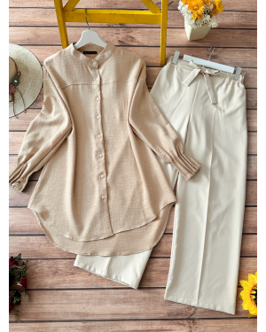 Kol Manşeti Drapeli Oval Kesim Gömlek -Açık Vizon