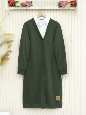 Corduroy Fabric Buttoned Long Cardigan -Khaki
