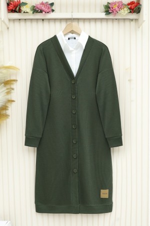 Corduroy Fabric Buttoned Long Cardigan -Khaki