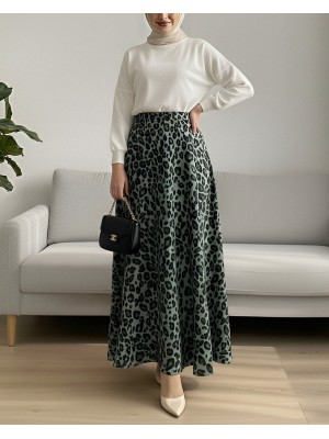 Leopard Print Scuba Skirt -Cagla Green