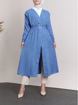 Kolu ve Beli Lastikli Çıtçıtlı Keten Kap -İndigo