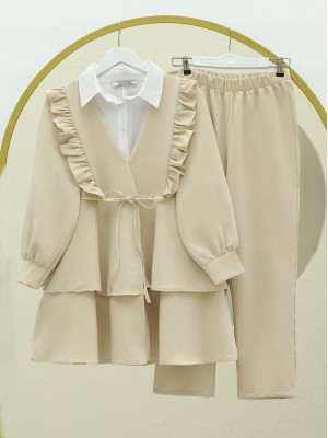 Kimono Set with Frilled Front Laced Skirt and Layered Trousers  -Cream color