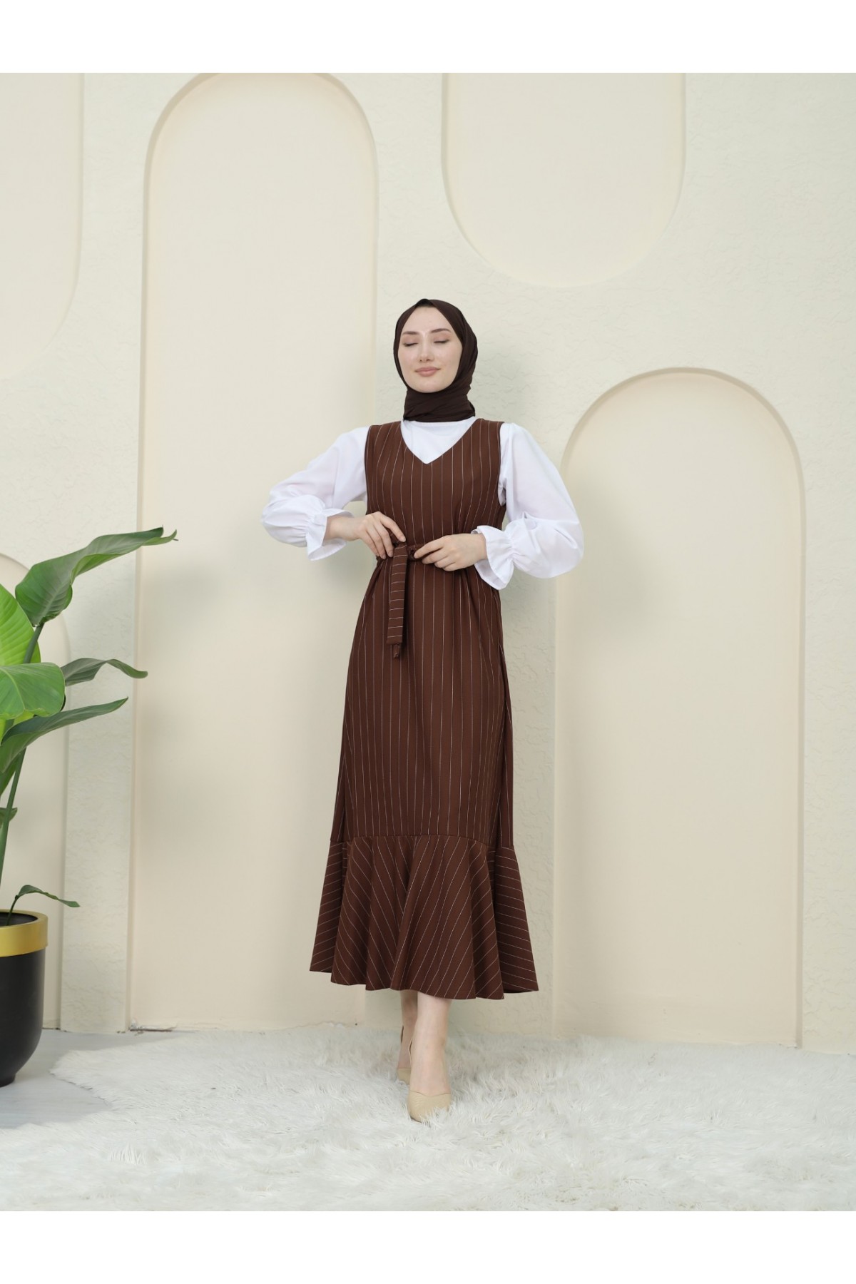 Striped Waist Belted Shirt Gilet Set -Brown