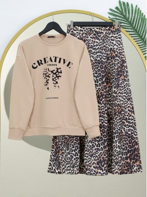 Round Neck Bow Printed Leopard Skirt Suit - Beige
