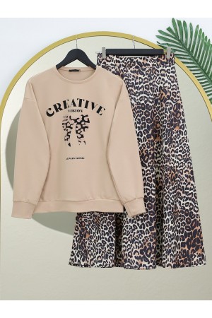 Yuvarlak Yaka Fiyonk Baskılı Leopar Etekli Takım -Bej